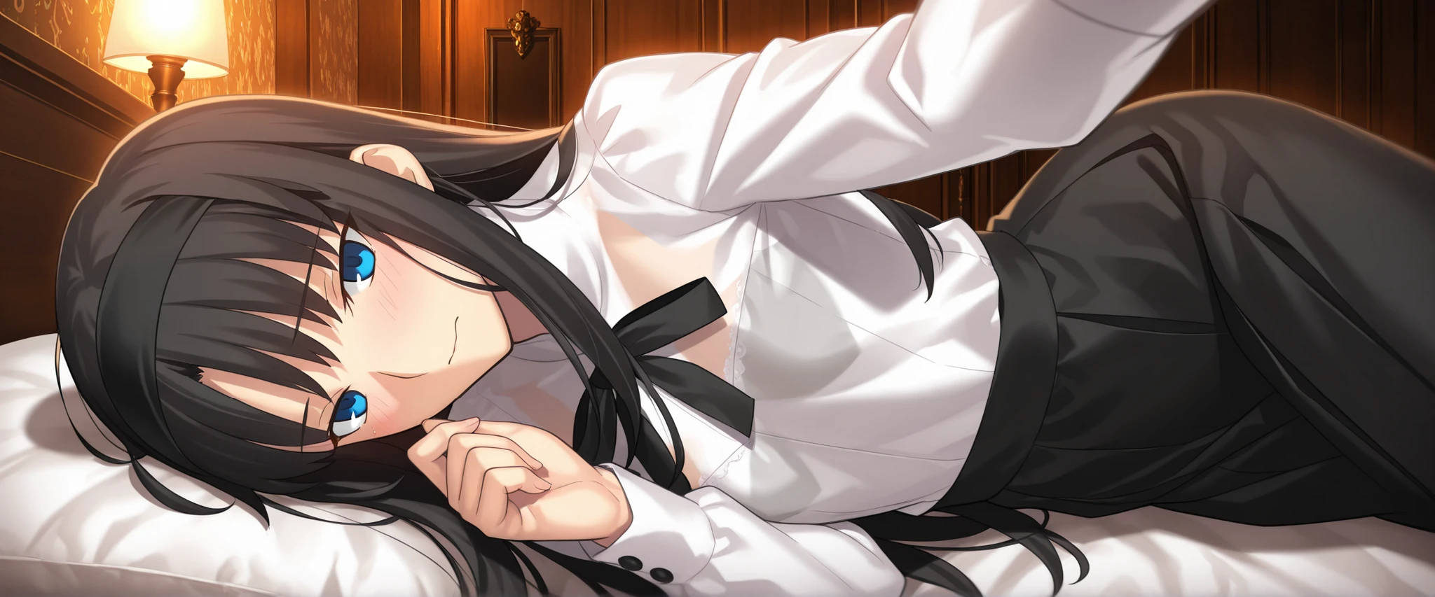masterpiece, , absurdres, highres, detailed background, high resolution, masterpiece, necessary, detail, best quality, quality, necessary, details, High details, Precise, indoors, hotel room, medieval interior, gothic, from side, from below, close up, pov, (upper body),
1girl, , Takeuchi Takashi (type-moon,tsukihime) style, takeuchi takashi style, (aged up), , (head tilt), (lie on bed, on side), ,(reaching, hand), light embarrassed,
tall girl, mature, Akiha_Tohno, (tsukihime), black hair, bangs, long hair, blue eyes,(half-closed eyes), black headband, straight hair, tsurime, closed mouth,
(white shirt, black long skirt), (light see-through), , black ribbon, (small breasts, flat chest), , looking at viewer, ,,