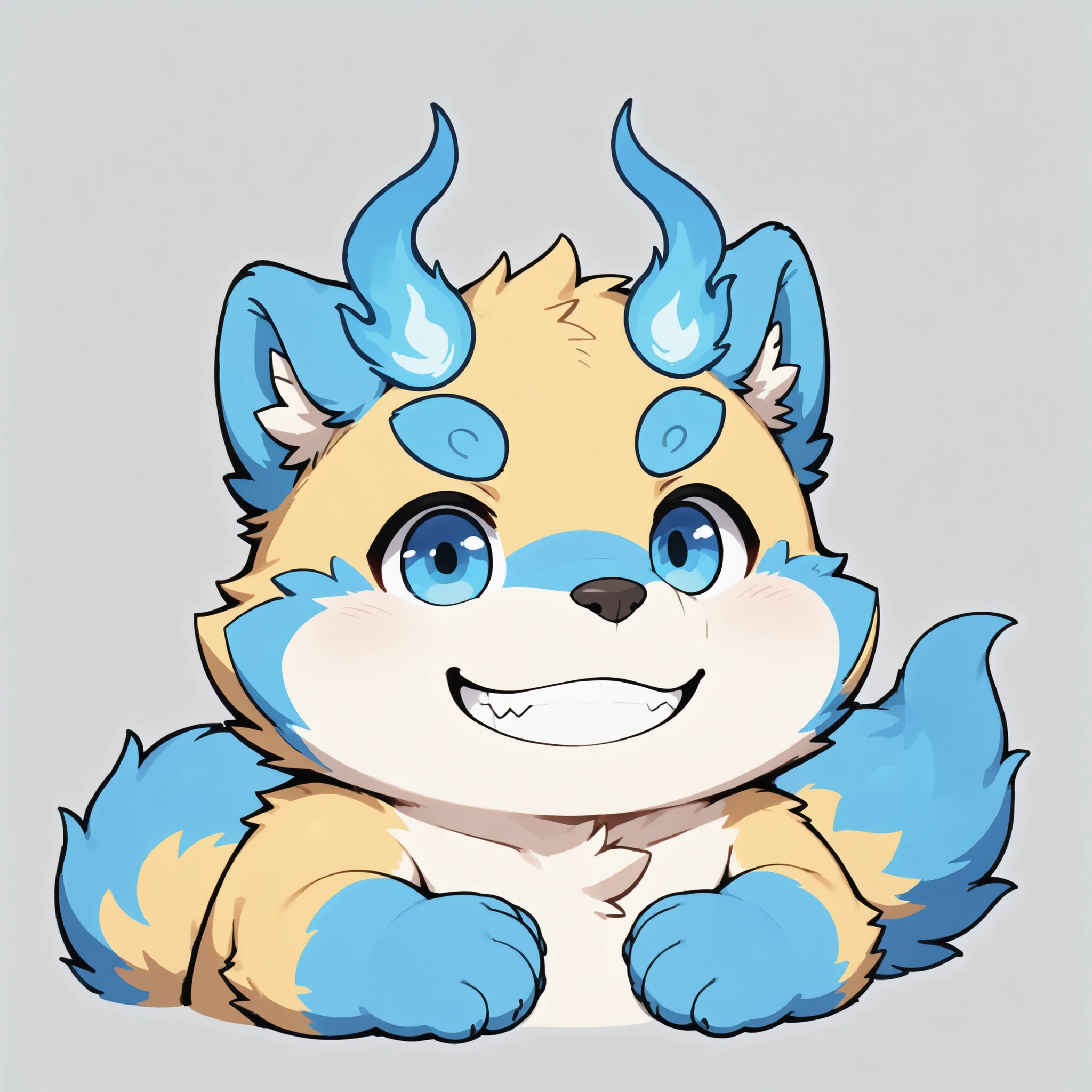 portrait, solo, male, solo, botailang, overweight, young, fur, tail,,chibi,blue eyes,grin,chibi,teeth,smile
