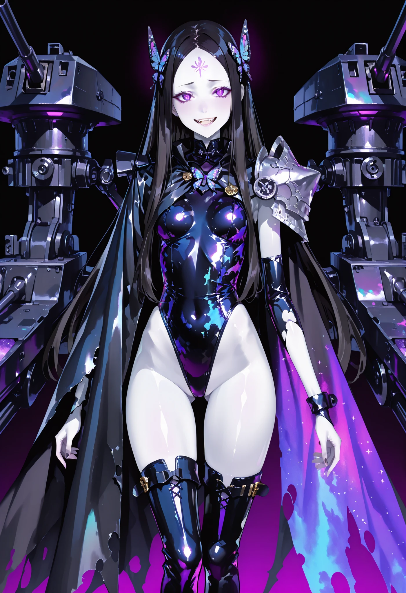 Dark magical girl. Black hair. Show forehead. Butterfly motif hair ornament. Long hair. Glowing purple eyes. Fearless smile. White skin. Holographic pigment costume. Thong swimsuit. Asymmetric shoulder armor. Oversized latex boots. Torn costume. Asymmetric Black cloak. Equipped with a small battleship. Mechanical monster fangs. Cannon turret. Stroke body.