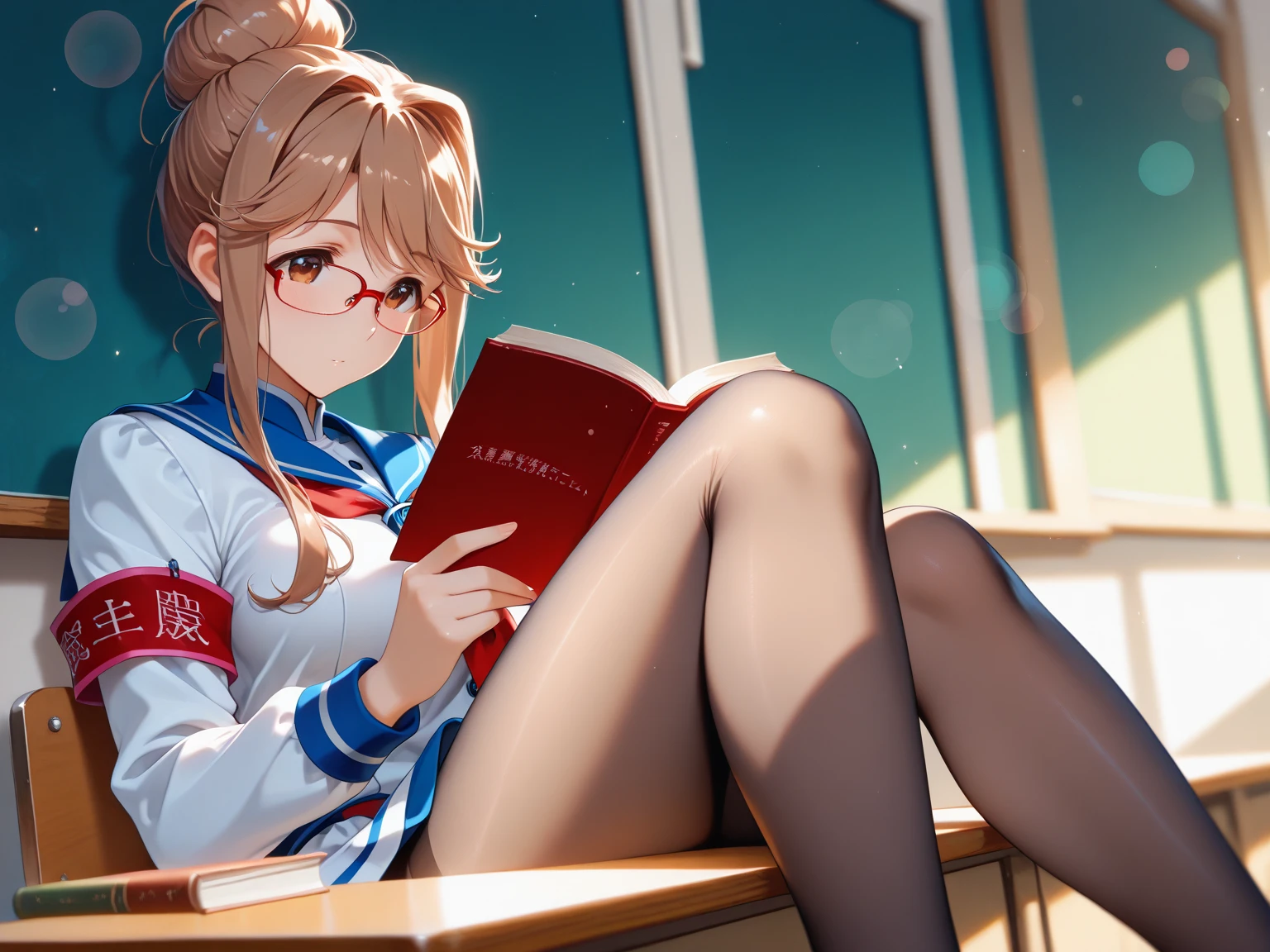 masterpiece, best quality, detailed beautiful face and eyes,1 loli,solo,short hair,gray color hair,green eyes,full body,sailor suit,knee socks,reading a book,crouch,glasses,library room