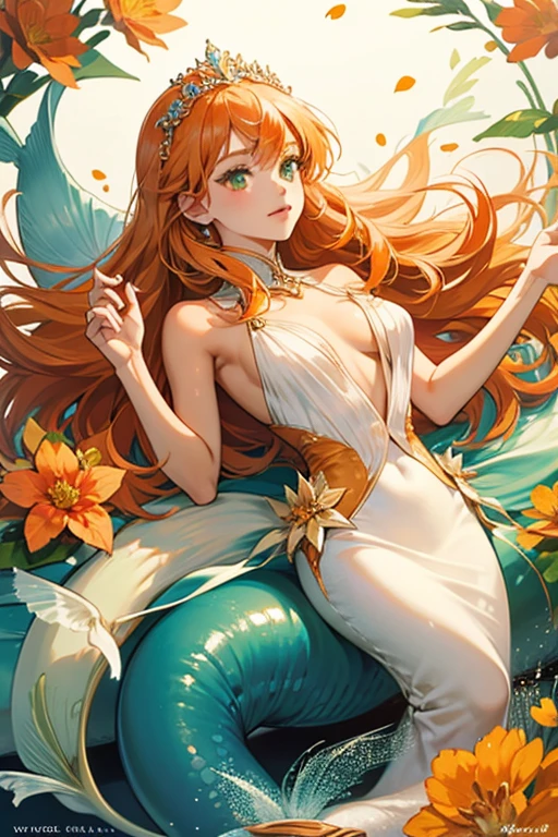naked girl underwater, long red flowing hair, Angel wings, orange-yellow and white lily flowers