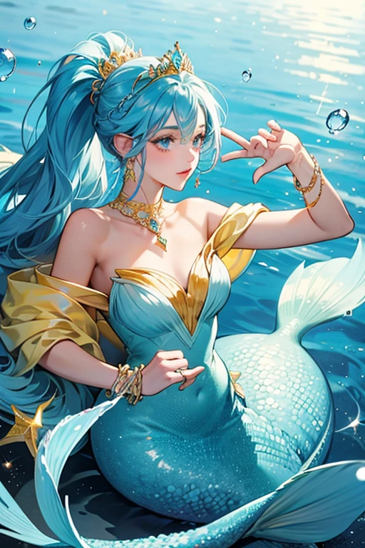 girl upper body, mermaid, blue long hair, looking down, disney style, best quality