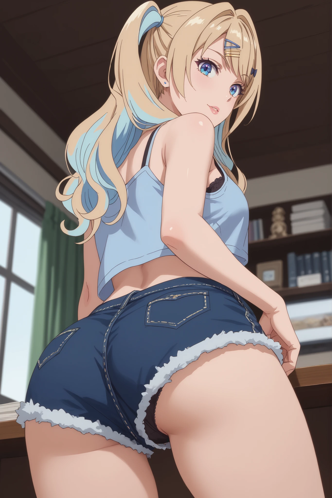 obra-prima , best quality, 1,luna shirakawa, upshorts, Look at the black panties , with the back ,Very loose shorts showing part of the underwear, shorts de pijama branco,looking at the viewer,Blonde hair with light blue highlights