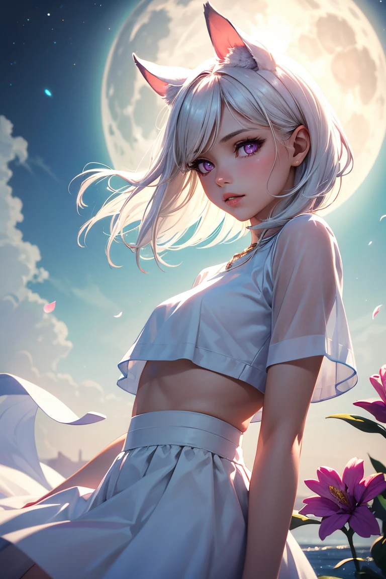 (masterpiece, highest quality), A girl with long white hair sitting in a field with green plants and flowers, Warm moonlight, Blurred foreground, change, River bank, Bra shorts, Strange Eyes