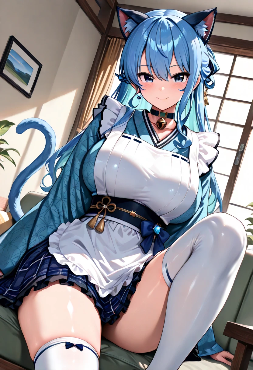 I am Yukiko, I am a white furred cat woman with long light blue hair along with cat ears and light red eyes with a blue cat tail. I am 1.62 cm tall , dressed in a low-cut white blouse and a black miniskirt showing my black thong . with huge breasts measure 200 cm, waist 40 cm and hips 200 cm