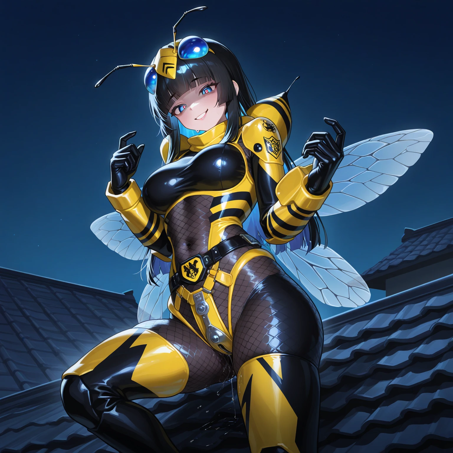 Plump、Super big breasts、super big butt、Bee Augmentation、、wack、ハチwack、Shin Kamen Rider、Bee Girl、cowboy shot、battle、camel toe、huge tit、nipple puff、cleavage、
