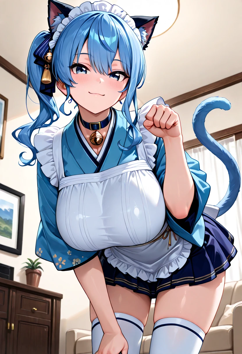 core_9, score_8_up, score_7_up, score_6_up, score_5_up, score_4_up, BREAK, source_anime, solo, 1girl, Fuwa Kokone, blue hair, medium hair, green eyes, hyper-deformed face, o_o, blue cat lingerie, (cocksock), cat tail, cat ear hair band, collar, bell, paw gloves, zettai ryouiki thighhighs, looking at viewer, (sagging huge_breast:1.3), erect nipples, dirty dark large areola, (skinny, slim legs, small hip, narrow waist), milf, (futa, erect dirty penis, dirty cum burst), natural (black:1.2) armpit hair, Unshaven black Pubic Hair, nsfw, bent over, pretzel pose, sitting on the table, fart, farting, yellow gas