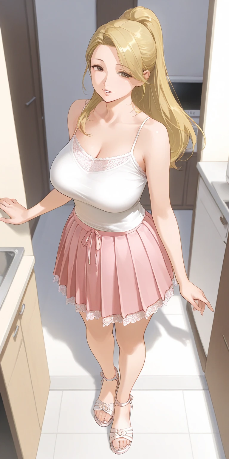 ((masterpiece)),(best quality),official art,extremely detailed CG,unity 8k wallpaper,ultra detailed,beautiful detailed eyes,extremely detailed face,indoors,1girl,solo,cowboy shot,looking at viewer,facing viewer,smile,Amano Yuzuki,long hair,blonde hair,half updo,hair intakes,hair between eyes,bangs,green eyes,bare shoulders,ribbed sweater,sleeveless turtleneck,sweater vest,beige sweater,large breasts,pink skirt,pleated skirt,zettai ryouiki,white thighhighs,sneakers,<lora:Amano Yuzuki(nnds)>,
