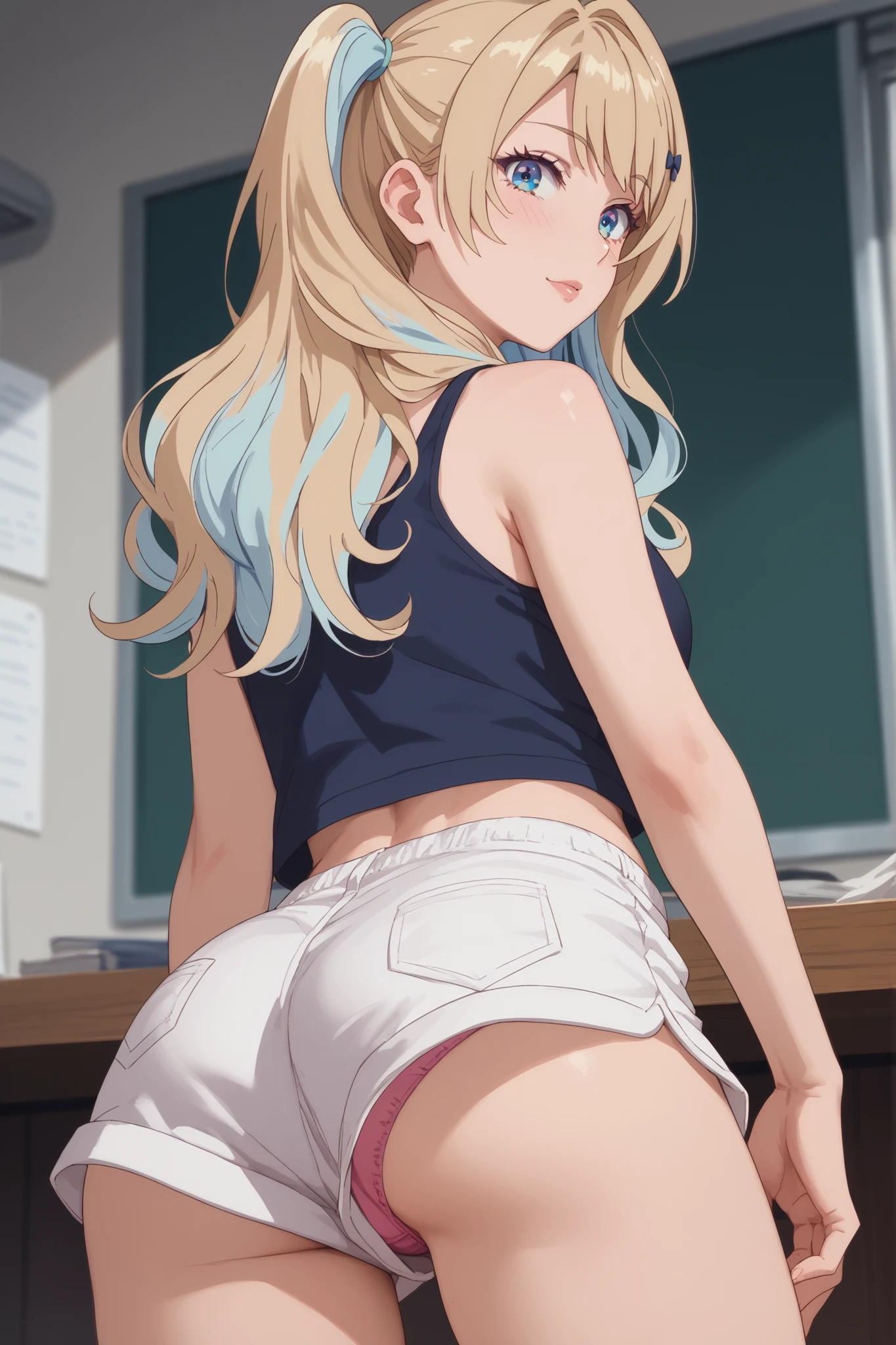 obra-prima , best quality, 1,luna shirakawa, upshorts, Look at the pink panties , with the back ,Very loose shorts showing part of the underwear, white shorts ,looking at the viewer,Blonde hair with light blue highlights