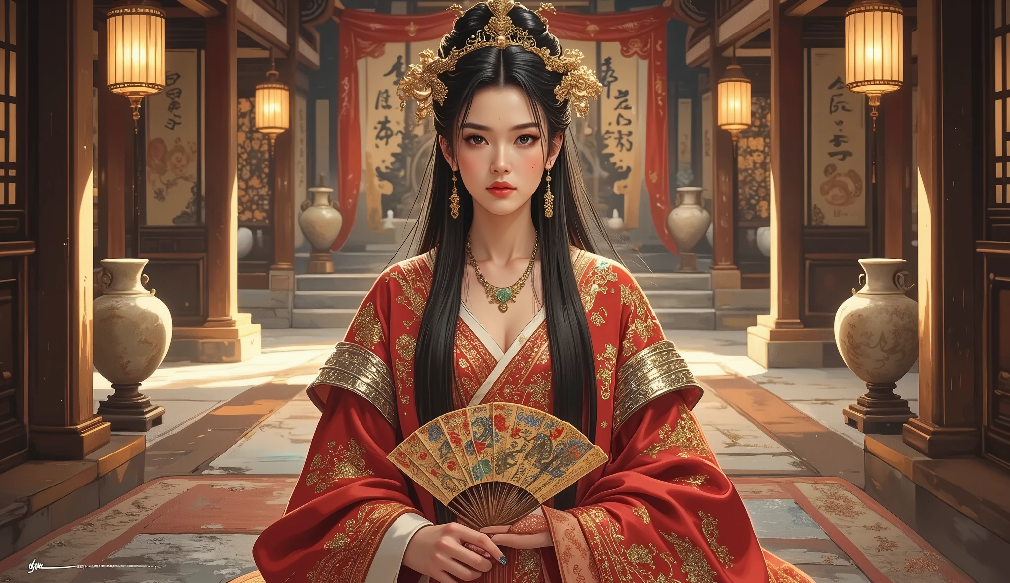 A breathtakingly elegant and regal East Asian empress, exuding an aura of wisdom and authority. Her long, flowing obsidian hair is intricately styled with golden phoenix hairpins, symbolizing prosperity and power. Her sharp, refined facial features and serene yet commanding gaze reflect her noble lineage and unwavering determination.
She is adorned in a sumptuous floor-length Chinese silk robe in deep crimson and gold, embroidered with delicate motifs of dragons and phoenixes, representing balance and strength. The silk fabric flows gracefully, catching the ambient light, while ornate silver shoulder guards with intricate filigree add a touch of imperial grandeur. Her long, manicured nails are painted a soft jade-green, complementing her refined accessories.
The scene is set in a majestic palace hall, illuminated by soft lantern light filtering through intricately carved wooden screens. The background showcases traditional Chinese architecture, with elegant calligraphy scrolls, porcelain vases, and a grand throne adorned with golden embroidery. The atmosphere is serene yet powerful, evoking the timeless beauty of Eastern dynasties.
Her posture is poised and dignified, standing at the center of the chamber with one hand gracefully extended, holding a delicate silk fan decorated with cherry blossoms and cranes, while the other rests lightly on an ornate jade scepter. The composition is balanced and harmonious, with soft ambient lighting enhancing the richness of textures and colors.
(highly detailed digital painting, traditional Chinese aesthetics, intricate embroidery, cinematic lighting, soft ambient glow, refined elegance, masterpiece, best quality, inspired by classical Chinese portraiture and wuxia art, Art Nouveau influence, subtle futuristic lighting effects, harmonious composition, atmospheric perspective, volumetric lighting, intricate patterns, flowing silk textures, glowing accents, inspired by Flux Film Edition, LORA blending for refined aesthetics)