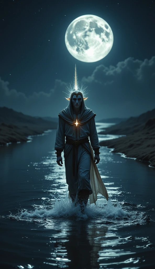 A mysterious pale-skinned man, wearing a long, luminous robe and a ...