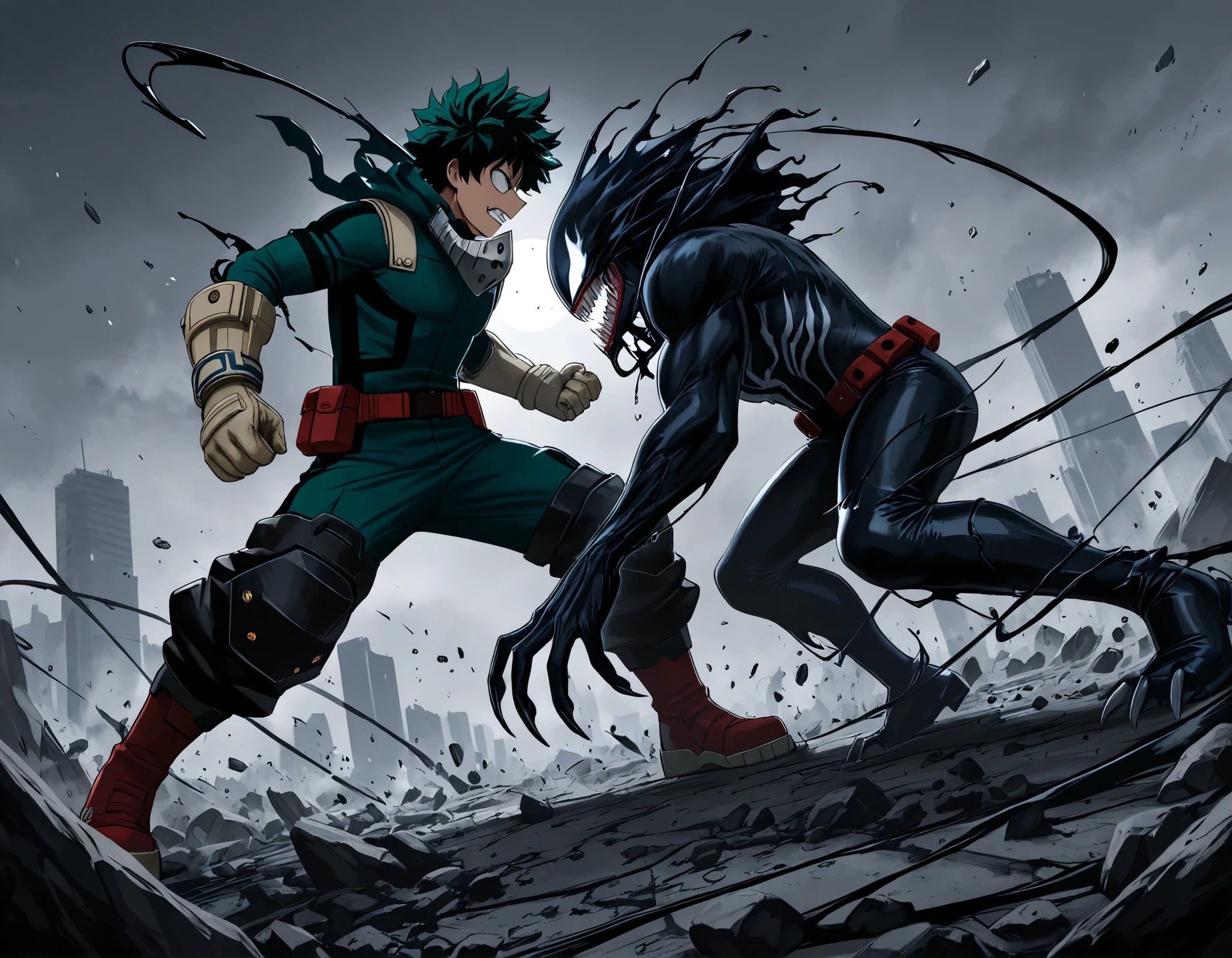 Izuku Midoriya (Deku) from My Hero Academia wearing his green hero costume with red belt and iron-plated boots, mid-action dynamic pose, intense battle expression, green messy hair, mask hanging from neck, urban city background in destruction, debris and rocks flying, bright lighting effects, cinematic angle, detailed anime style. Venom symbiote partially fused with his body, black liquid tendrils and monstrous claws surrounding him, large sharp-toothed mouth, glowing white eyes, high contrast lighting, epic confrontation atmosphere, anime crossover style, high detail, dramatic composition.