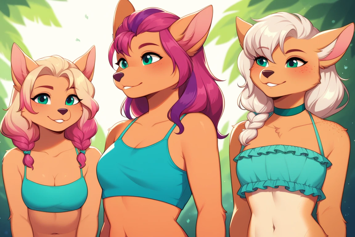obra de arte, melhor qualidade, high resolution, corpo todo, corpo perfeito, rosto perfeito, grande detalhe, profundidade de campo, tiny stick, anthropomorphic, cabelo loiro, twin tails, sexy bikini, macaco, corte superior, light brown fur, gorro, anthro macaco, Sozinho, 1 garota, fundo da selva, Palmeiras, curvy hips, cel sombreado, desenho animado, pose de glamour, olhando para o espectador
