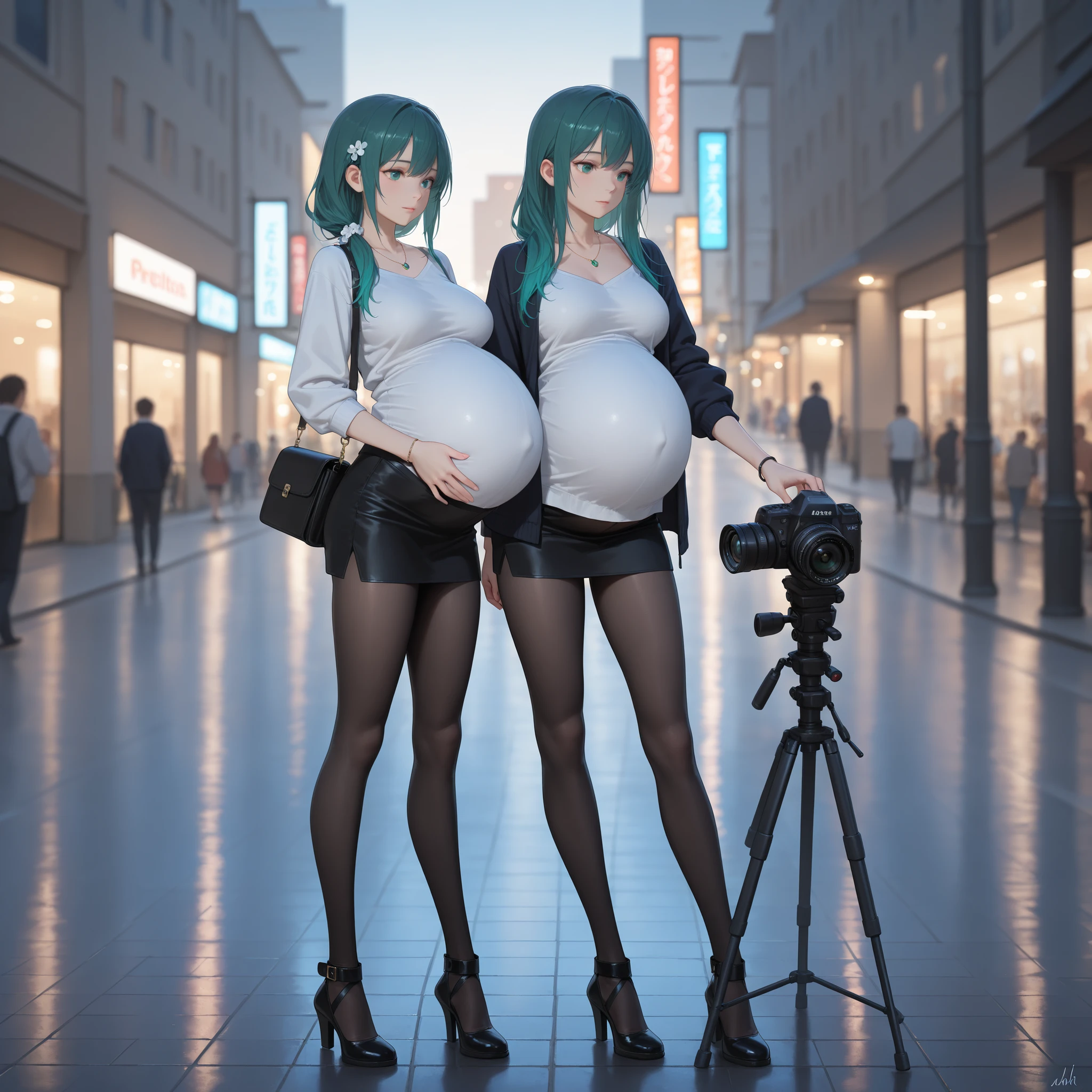 1 girl, Best Quality,  masterpiece, high resolution, [Purple|Fragments|Green] _hair, black miniskirt, Pregnant，pregnant，long legs，black pantyhose，hair accessory,  necklace, Jewelry,  beautiful face, Expectations,  full body view, realistic, outdoor, Modern Plaza,  two-tone lighting , (high-detail skin: 1.2),  8,000 UHD, DSLR camera, Soft Light, high quality, volume light, reality, photo, high resolution, 4K,  8,000, Blurred background