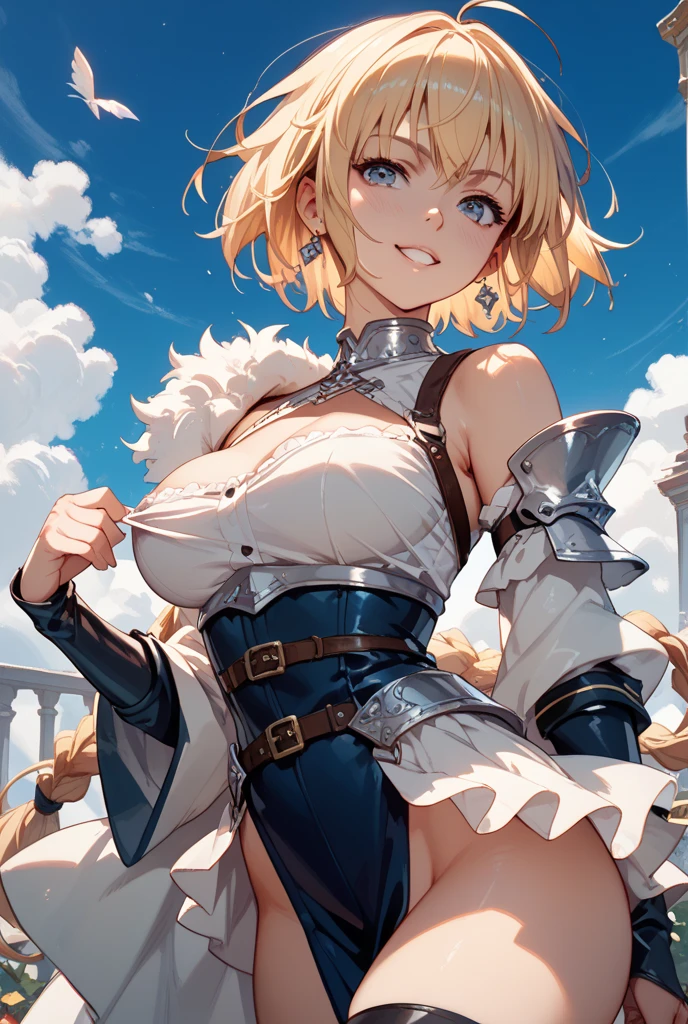 Heroic portrait、adventure、action、Fantasy、action pose, Lean back, Female Knight, 1 Female, Beautiful Skin, Fine skin, vivid hair, Luminous Eyes, JK, blonde, wet shirt, Bob with a Falling Front, double eyelid, Open your mouth, Crazy smile, (Breast plate、shine、Greatsword action:1.2)、Detailed facial features、Strong body lines、Sharp Eye、Demonic、a muscular build、Dynamic pose、Full of energy、A dusty battlefield:1.4、(Highest quality:1.2, Very detailed, アニメ, Attention to detail, Ultra-high resolution, High Contrast, masterpiece:1.2, Highest quality, Best aesthetics),