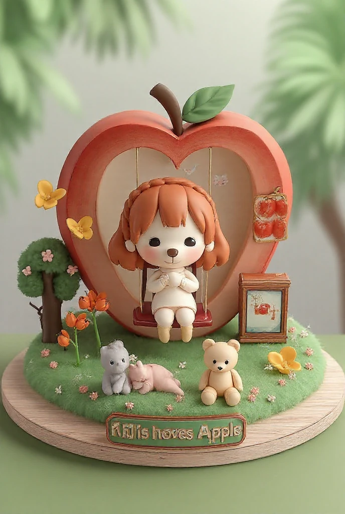 Create a 3D Cawaii image of a  braiding a double-sided braid. The hair color is reddish brown, sitting on a swing hanging from inside. Large apples cut in half. On the sides are small apple trees with bright red apple fruits, bright green grass covers the ground, and small pink and white flowers are scattered around. Two yellow butterflies are flying near the large apple. Inside the cut part of the apple, there is a painting of hanging apples. On the inner wall, close to each other there is a light brown teddy bear. Sitting next to a small television with a picture of an apple appears on the screen, there is also a small gray cat and a small pink rabbit on the floor. The grass looks fluffy and soft, there is a small green sign on the front that says "K.Js loves Apple" . The whole scene is set on a light brown wood surface, with a blurred background of green trees and soft lighting. The overall color scheme should be warm, bright and happy