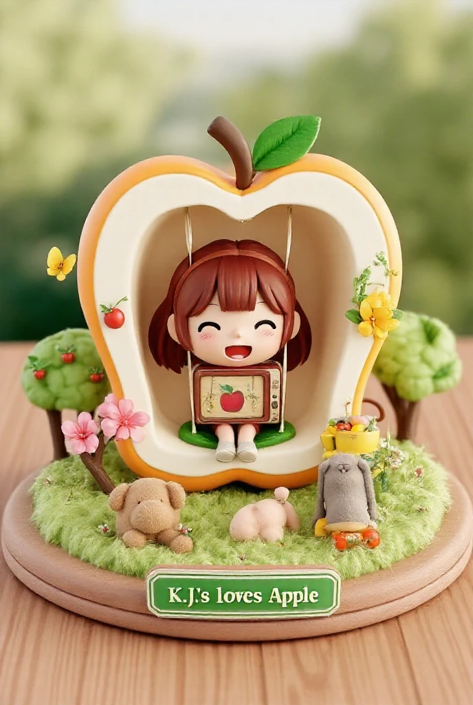 Create a 3D Cawaii image of a  braiding a double-sided braid. The hair color is reddish brown, sitting on a swing hanging from inside. Large apples cut in half. On the sides are small apple trees with bright red apple fruits, bright green grass covers the ground, and small pink and white flowers are scattered around. Two yellow butterflies are flying near the large apple. Inside the cut part of the apple, there is a painting of hanging apples. On the inner wall, close to each other there is a light brown teddy bear. Sitting next to a small television with a picture of an apple appears on the screen, there is also a small gray cat and a small pink rabbit on the floor. The grass looks fluffy and soft, there is a small green sign on the front that says "K.Js loves Apple" . The whole scene is set on a light brown wood surface, with a blurred background of green trees and soft lighting. The overall color scheme should be warm, bright and happy