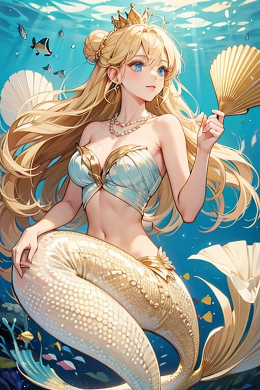 On a moonlit night, furry anthro, kemono, mermaid, a beautiful woman with bright shining scales on her skin dances gracefully on a white sandy beach Her beautiful face and brightly colored shining eyes The sea and the woman's scales shining faintly in the moonlight. Detailed drawing Vivid colors High image quality,