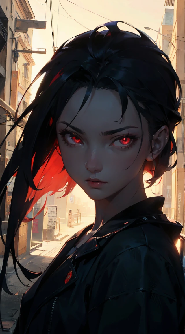 (Dark fantasy art), knee-length portrait, gloomy demon girl, ((dark black skin)), ((black skin)), orange eyes, orange sclera, dark gray hair, messy hair, long hair, asymmetrical bangs, (hair spread out), ((hair covers the eyes)), bandaged arms, bandaged neck, many gray bandages, (less clothing), open clothing, highly detailed art, dark fantasy art