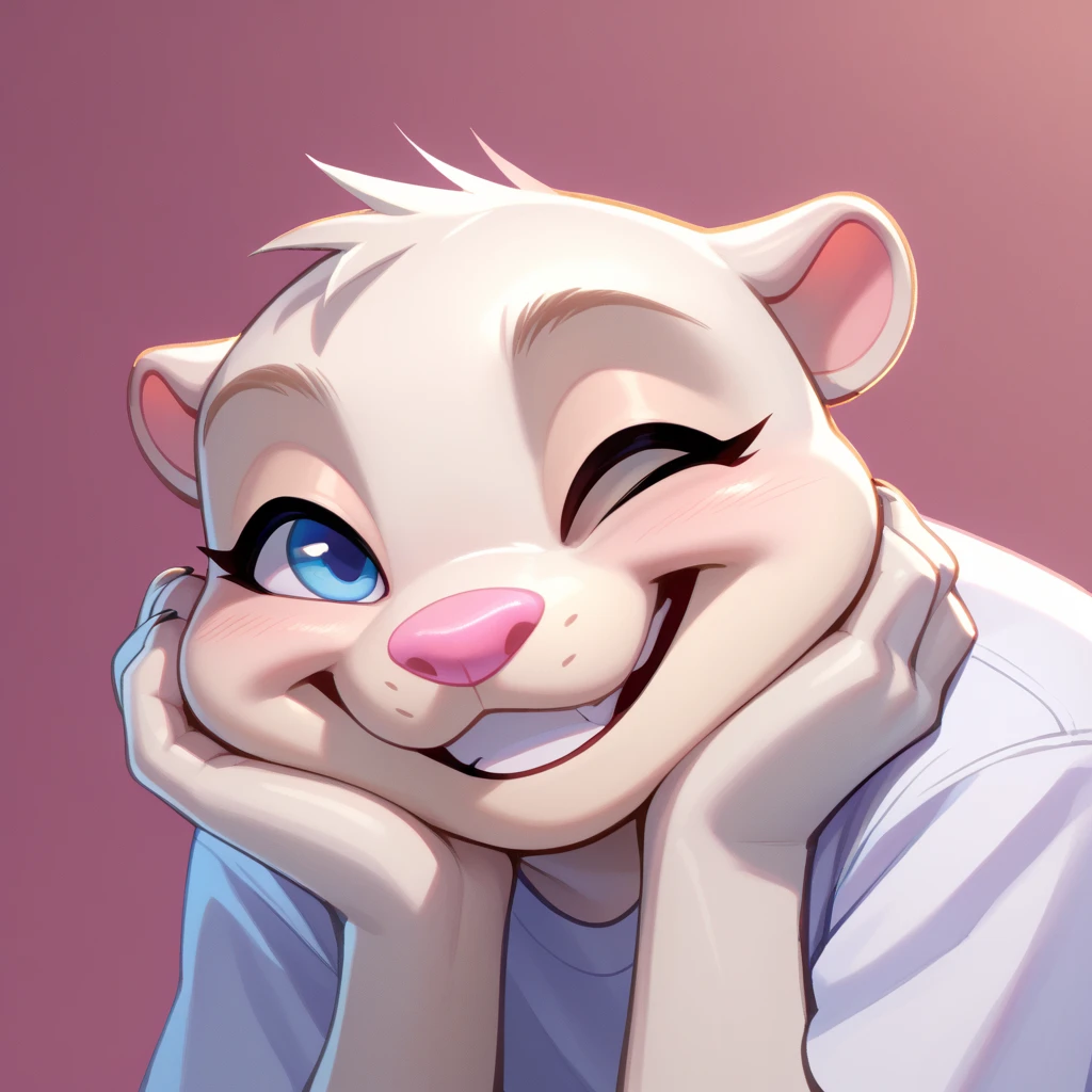 score_9, score_8_up, score_7_up, albino otter, White otter, pink nose, light blue eyes, Anthro, furry, FACE ONLY, HEAD ON, FACE FOCUS, fur, cute, centered, smile, winking,