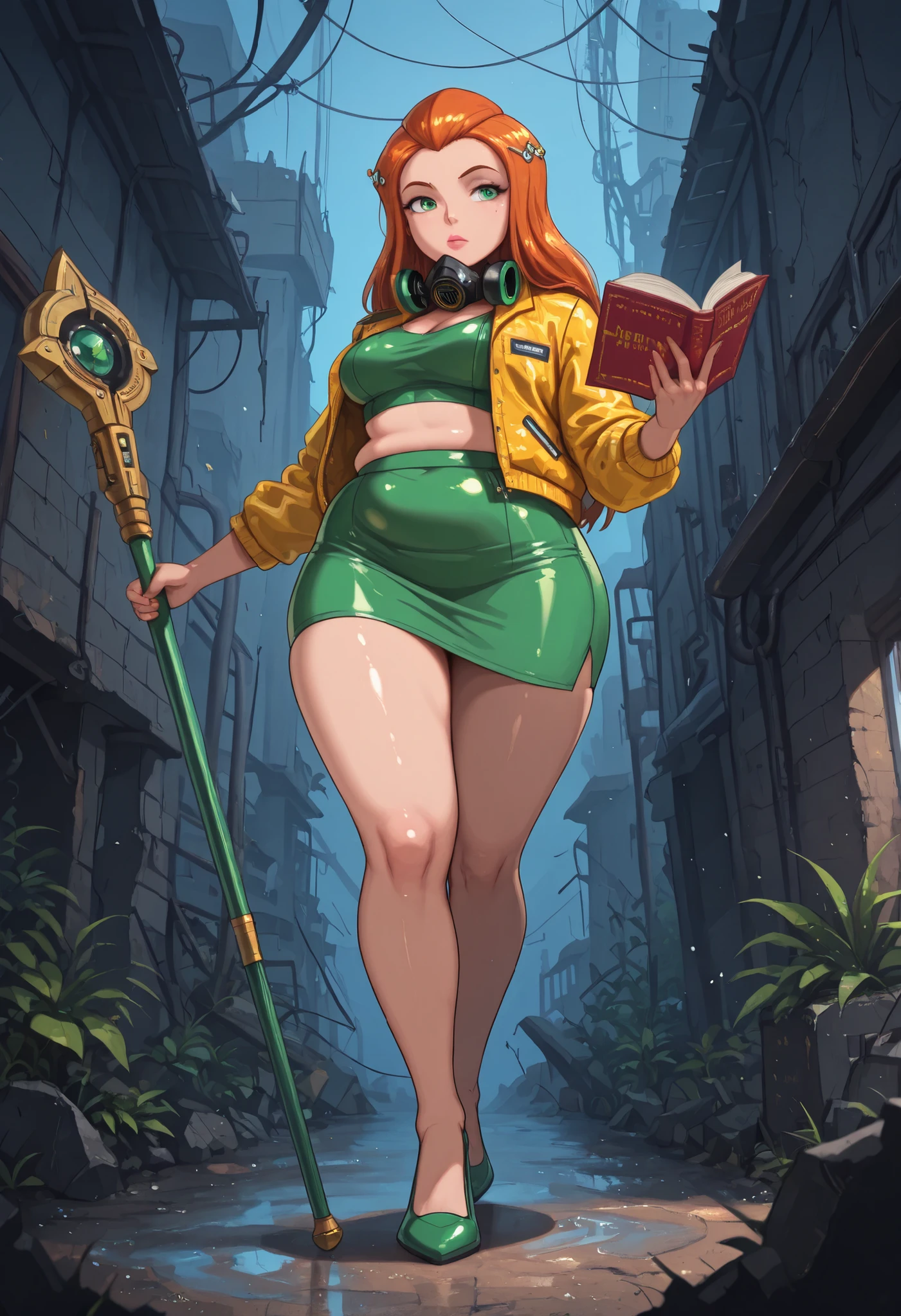 masterpiece, best quality, good quality, cartoon, totally_spies_2k24, sam, ginger, green eyes, pink lips. sexy, huge hips. medium breasts, | masterpiece, best quality, (dramatic lighting, shadows, dynamic posture) , ((full body shot)), 1girl, solo, from below , from side , legs crossed, hair ornament , bangs above eyebrows , wearing dust respirator ,jitome, subtle brown eye makeup , ultra detailed eyes, [[[abs]]], green tight short tanktop, ( green pencil skirt ), stiletto, sheer grey tights , skindentation, ((chubby thick legs), thick legs, chubby legs), thick calves, over sized hazard jacket , colorful , , BREAK, reading book , in field with abandon ruins , after rain , abandoned buildings ,climbing plants , detailed, (nurzhan bekkaliyev), Flatline, Flat vector illustration,  BookOfKells, old paper with a cute sloth king wearing a magic robe and holding a magic staff. On the top the text:“book #812“