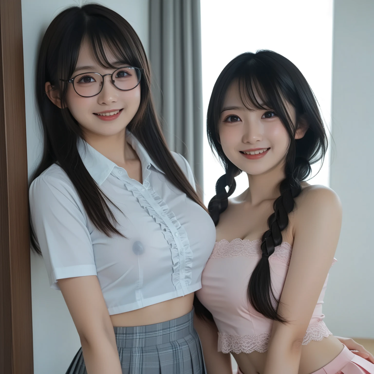 ((2 Japan schoolgirl)), ((2 Cute Girls)), 18 years old, (White T-shirt), (Navy blue pleated skirt), miniskirt, Are standing, perfection female form, perfection face, Glossy pink lips, Expressive eyes, eye shadow, eyeliner, Huge natural breasts, (Narrow waist), light brown hair, short hair, (floating hair), expressive hair, (over-rim glasses), long eyelashes, (smile), (cowboy shot), ((nsfw)), Private room, Sitting on the floor, Leaning forward, UHD, masterpiece, accurate, anatomically correct, textured skin, super detail, high details, high quality, best quality,