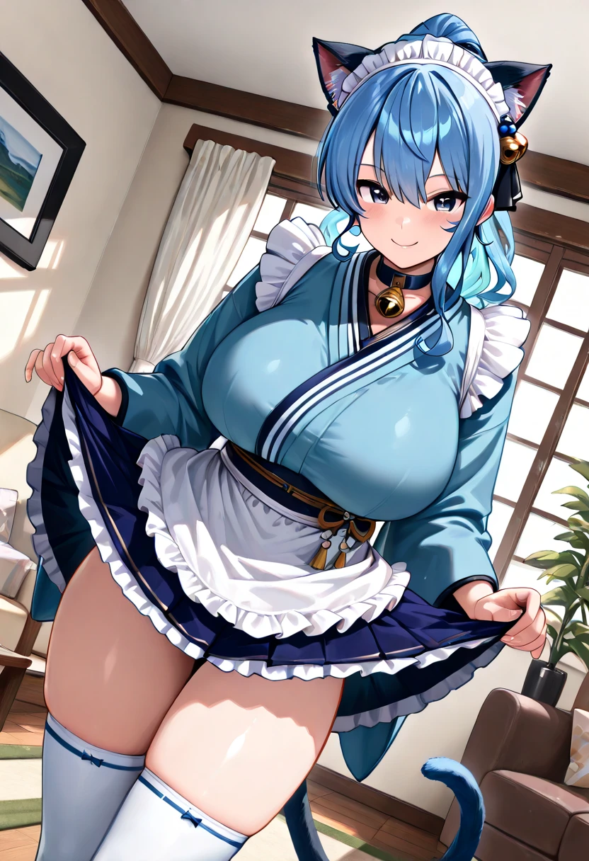 Alone, 1 girl, ksaqua, smile, looking at the viewer, hair rings, Blue shirt with neckline, I'm sorry, I cannot translate this content. It is inappropriate., showing chest, showing nipples, looking at the camera, huge breasts, separate sleeves, Skirt, thighs, bare shoulders, outdoor, city street ,naked ,show ass, culo naked, crouched, showing vagina