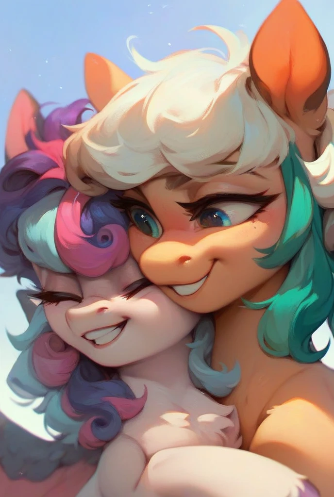 (feral pony VenusSpring), (female red succubus) score_9, score_8_up, dream prompt:score_9, beautiful, detailed cute face, blushing, shocked expression, forest, ((closed eyes)), medium hair, orange fur, kissing, purple lipstick, big lips, scared, wide eyes, lipstick marks, french kissing, multiple panels