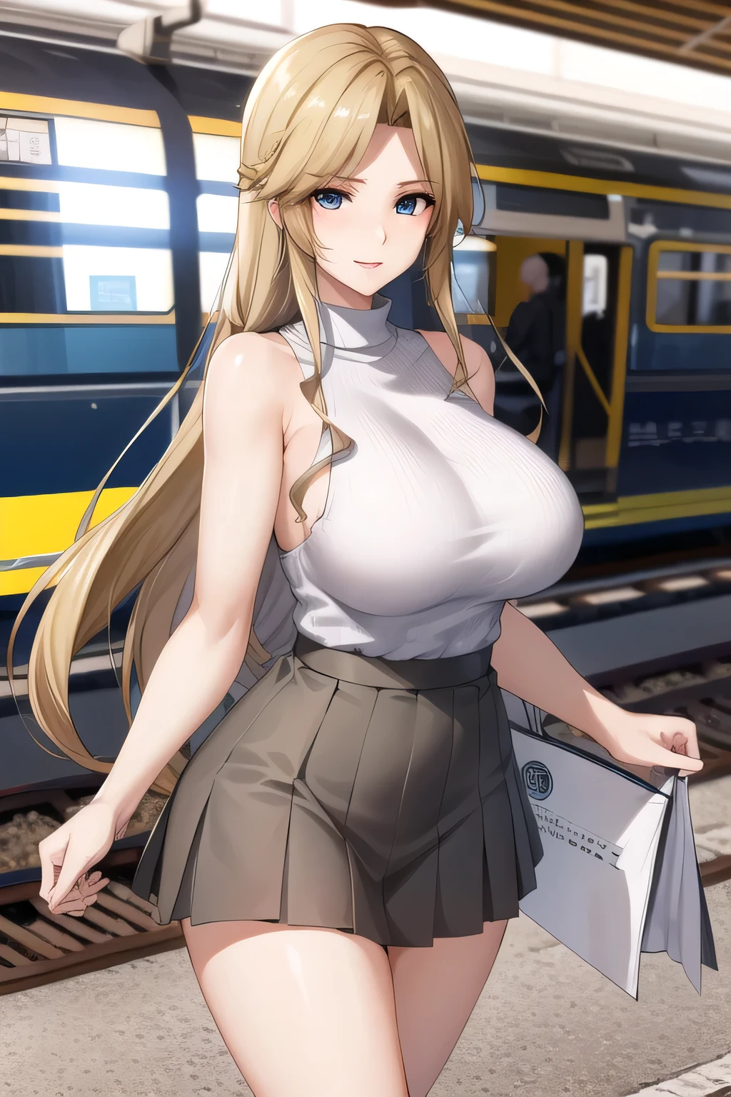 Can you draw blondes,nice smiles,Can you draw a woman staring at a train,Please draw a picture of a woman waiting in front of a car,東京の地下鉄ホームでwaiting for the train女性は描けますか, ,congestion,waiting for the train,fun,Underground railway stations ,The sign hanging on the wall,{{X}},Please explain her expression in more detail,walking alone, city tour ,,(((I'm wearing casual clothes inspired by a tourist))), I have a SLR camera ,(Let's draw a more delicate look),(sleeveless wool sweater),( Pleated Legs,white panties),(That work is enough for one person {X} is very important for work)、 That's enough,frown。unless the job requires it。 {X}、 , An attractive 40-year-old woman takes off her uniform and jumps off, Big black wavy hair, , Big Breasts, Thin Waist , , ,Faces are very important,Anime CG, please