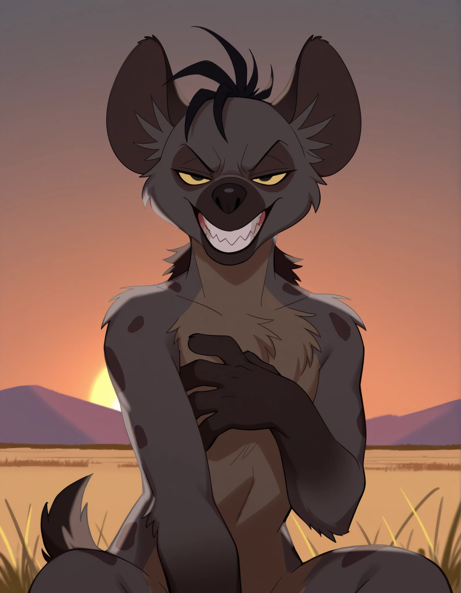 solo, Shenzi, furry, feral, hyena ears, black hair, short hair, back mane, dark-grey inner ear fluff, yellow sclera, black eyes, black nose, dark-grey body, dark-grey fur, dark-brown body, dark-brown fur, two tone body, two tone fur, dark-grey spots, short tail, black tail, smile, open mouth, tongue, sharp teeth, grin, (looking at viewer, sitting, africa, sunset, grass, front view, detailed background, upper body, narrowed eyes, 3 fingers, paws, hand on own chest, angry