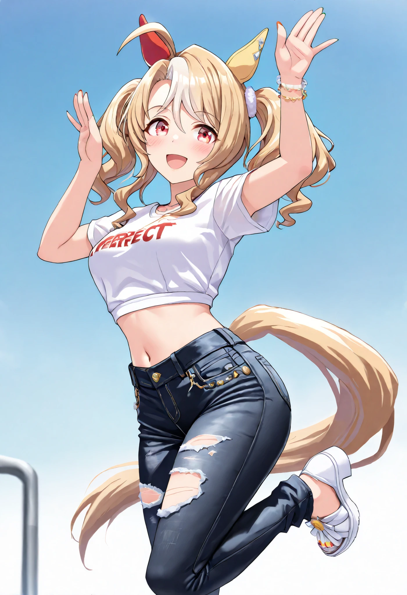 (masterpiece, best quality, perfect face:1.4), wide angle, fusaichi_pandora\(umamusume\), 1girl, floating hair, twintails, white hair bobbles, horse ears, two-tone ear covers, multicolored nails, horse tail, tail on the lower back, proportional body, proportional,1 girl, beautiful hair, beautiful face, beautiful detailed eyes, beautiful clavicle, beautiful body, beautiful chest, beautiful thigh, beautiful legs, beautiful fingers, BREAK, clothes writing, uma summer clothes, cropped t-shirt, navel, midriff, torn jeans pants, black jeans, bracelet, BREAK, blush happy smile (open mouth), textured skin, realistic skin, HDR, BREAK, good hands, Umapyoi, hands up, one leg raised,