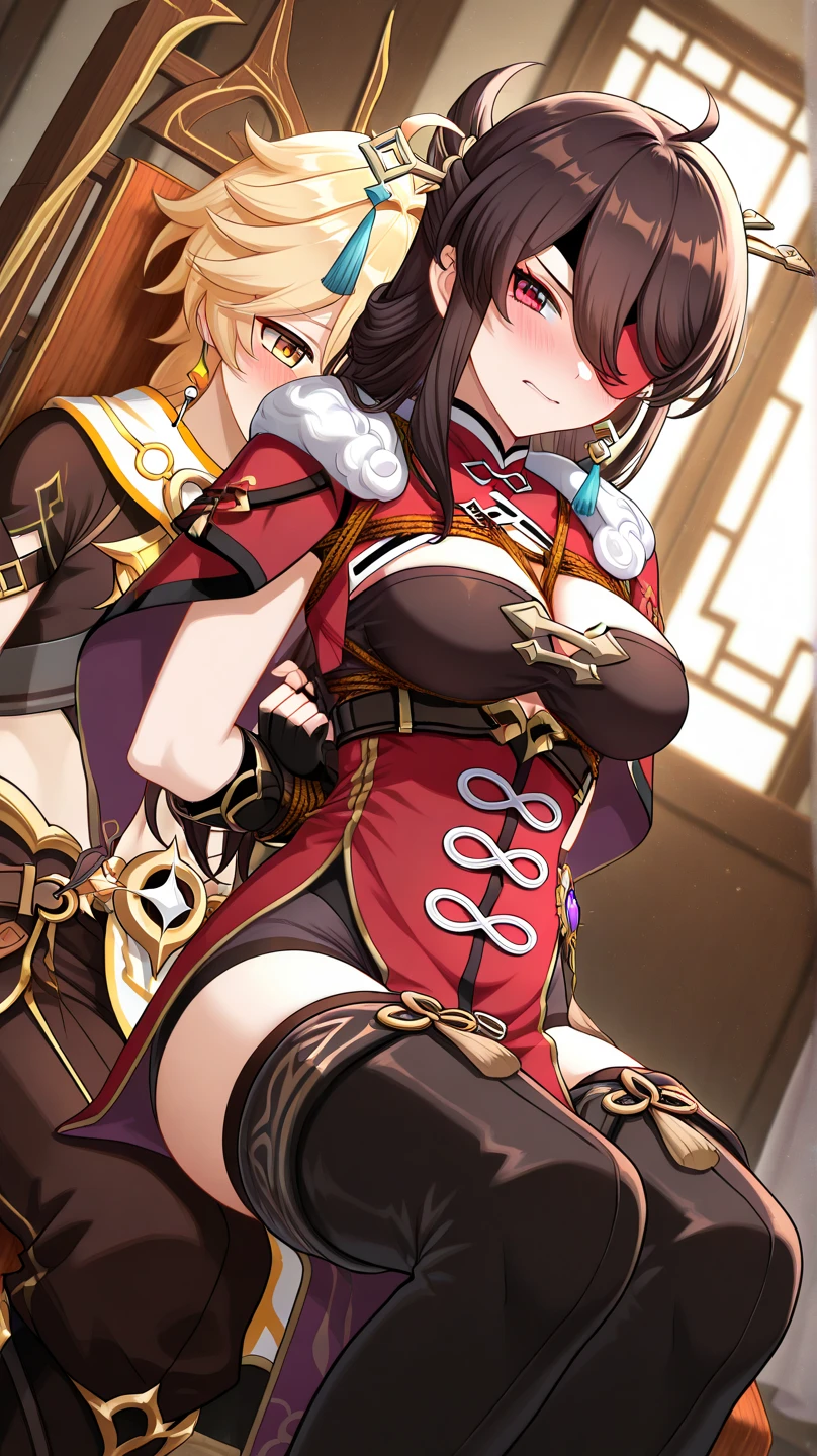 score_9, score_8_up, score_7_up, source_anime, BREAK, ((alp)), 2girls, ninguang genshin impact beidou genshin impact, embracing eachother, looking at viewer, blush, embarassed, breast press, yuri, conjoined