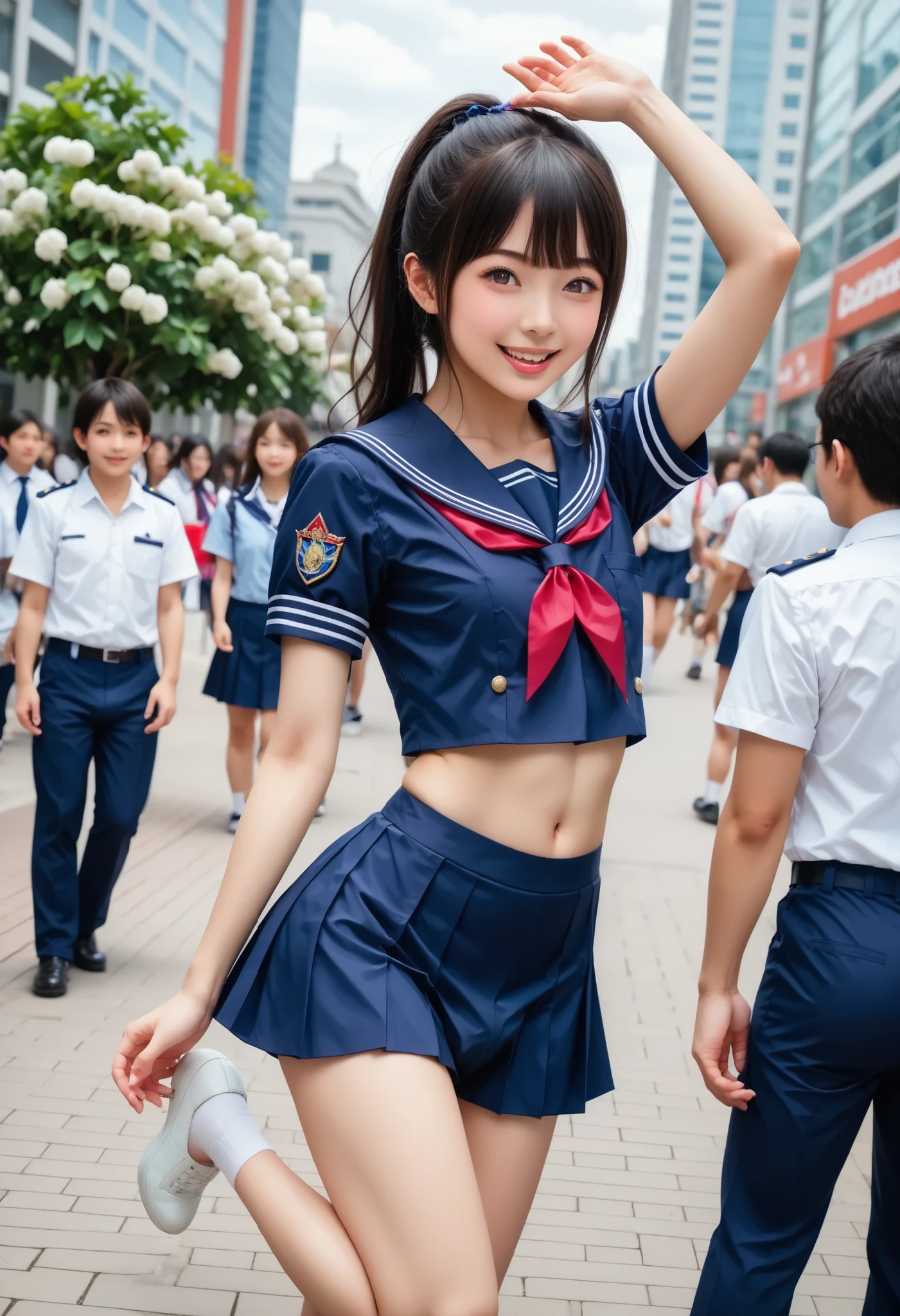 最High Quality 、 High Quality 、 最high image quality、 high image quality、 8k product、 high image quality 、 最High Quality、  masterpiece 、  immersive video   、 非常にrealistic image framed with flowers 、 realistic image framed with flowers 、 完璧な詳細 、 high contrast 、High fidelity、  perfect photo 、Close to reality、 Reproduce the image in detail  、  Detailed and realistic human body 、 Detailed and realistic human skin 、 realistic face down to the details、Exquisite and realistic eyes、   realistic chest details   、 exquisite and realistic teeth、Realistic Ears、  Realistic Hair 、(( Japanese Model))､(( gravure idol))､(( high school students))、((like々Funny face))、((  black hair))、(( small ))、､((Boy in cute girl uniform))、((( More Galleries )))、 (((boys doing a uniform fashion show in the city)))、(((raise one leg.charming pose that can hold the chest))), Delicate feminine body, Flat chest, (slight crotch bulge:1.2), (slight erection:1.2), (Femboy:1.5),expression feeling excited