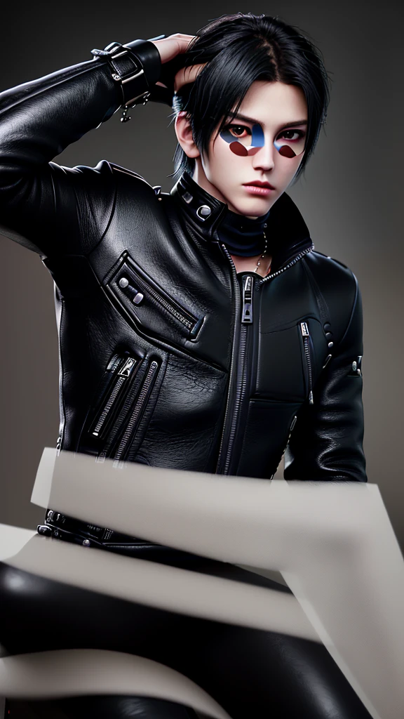 Final fantasy taste and reality graphics, ((Japanese young cute and cool ikemen  boy)), his age is early 20s, thin eyebrows and beady eyes,  ((he wearing off white color leather  thick and heavy material jacket)), ((jacket is singlebrest)), ((biker style jacket)), ((jacket is large size)),((with epaulet)), ((jacket is long sleeve)), ((zipped front of the leather jacket)), , ((voluminous leather jacket)), ,((must jacket is high length and stand-up collar)) ((jacket collar with two belts)), ((jacket is a little black color line pattern)), ((also wearing black thick material turtleneck lackluster shirts)),  ((tight black leather pants)),  ((put black leather tight and thin glove on both hands)), ((black leather knee-high raceup boots)),((must views  head-to-toe)),((must views whole body)), ,((Do not show skin from the neck down)),leather jacket leather glove and leather pants have few wrinkles, Avoid showing your innerwear,zip up jacket fastner.must put on a leather glove.
Boy is black hair.boy looks like fashion model.
