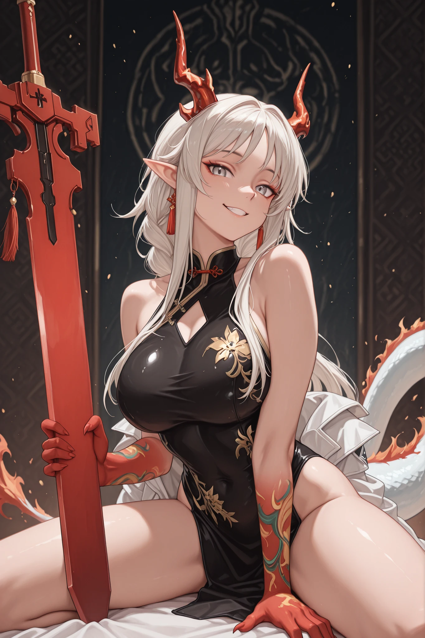 Sozinho, 1 , facing the viewer, white hair with a red lock like Vladelina Milizé from "Eighty Six - 86", face de Alice Zuberg de "Sword Art Online", silver eyes like those of Vladelina Milizé in "Eighty Six, Long FRINGE, Perfect Anatomy, estudante, red horns like those of Reed from "arknights", perfect face, provocative face, white dragon tail, scarlet red flame on the tip of the tail, young girl , perfect body, jovem, sensual, perfect face e lindo, pointed ear like those of an elf;
Always wearing a white coat like Nian from "Arknights", black Chinese dress with sexy red gold details, exposed arms, red arms with golden spots, hands with claws, red hands with golden spots;
facing the viewer, cara a cara, fundo preto, sexy pose, big ass, big breasts;
Giant sword like Nian's from arknights, golden details on the sword, giant sword drawing, red blade;
attack position, exposed shoulders and head, near the face , looking at the character, looking at the viewer, cara a cara, Provocative smile, confiante, cute expression;
Pay attention to the necessary colors, , maximum resolution ;