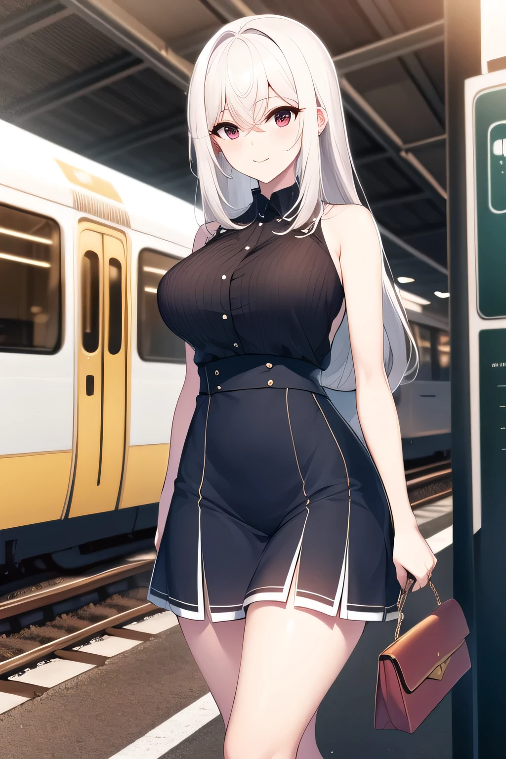 Can you draw a blonde,nice smiles,Can you draw a woman staring at a train,Please draw a picture of a woman waiting in front of a car,東京の地下鉄ホームでwaiting for the train女性は描けますか, ,congestion,waiting for the train,fun,Underground railway stations ,The sign hanging on the wall,{{X}},describe her expression in more detail,walking alone, city tour ,,(((I'm wearing casual clothes inspired by a tourist))), I have a SLR camera ,(Let's draw a more delicate look),(sleeveless wool sweater),( Pleated Legs,white panties),(That work is enough for one person {X} is very important for work)、 That's enough,frown。unless the job requires it。 {X}、 , An attractive 40-year-old woman takes off her uniform and jumps off, Big black wavy hair, , Big Breasts, Thin Waist , , ,Faces are very important,Anime CG, please