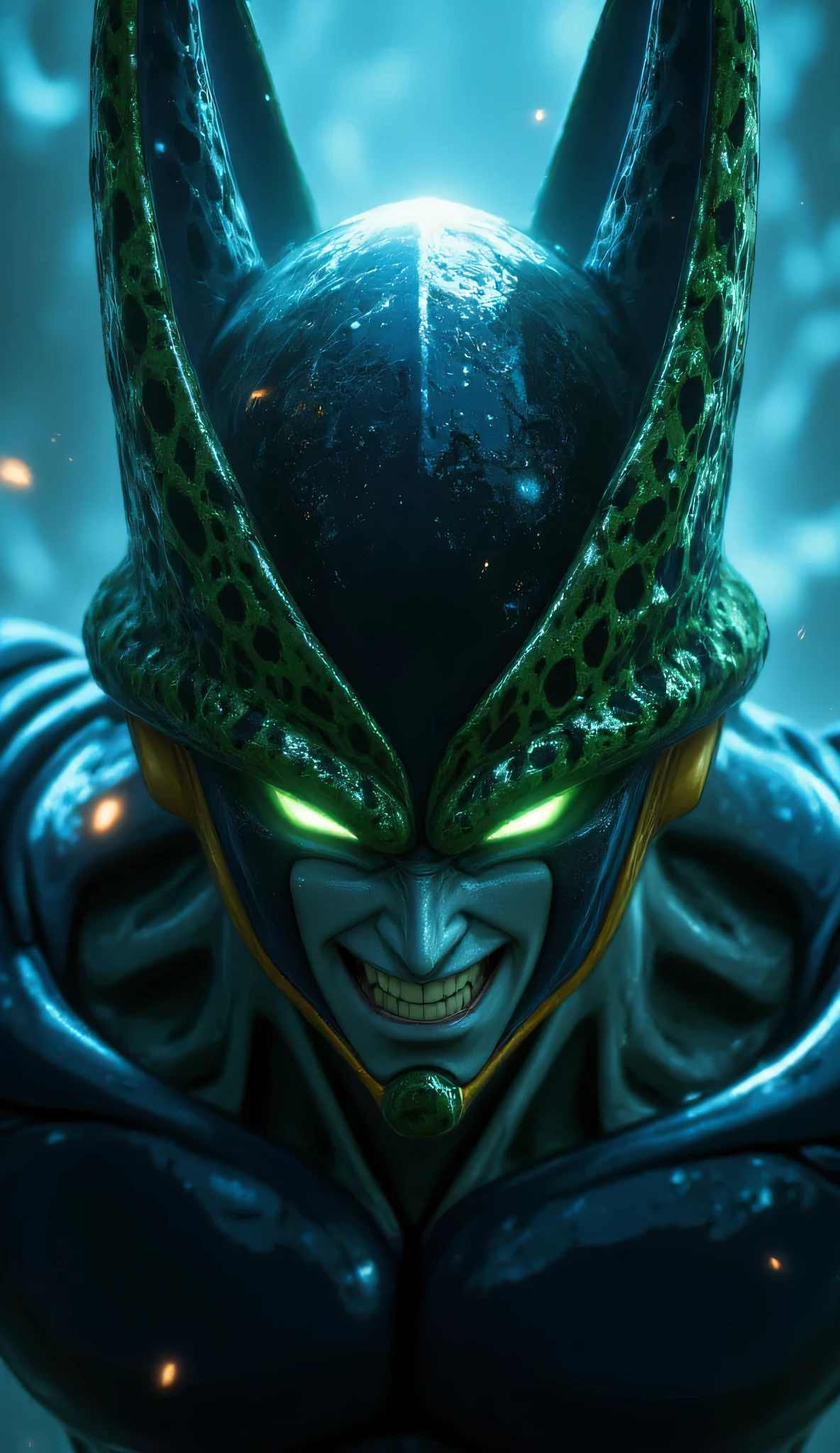 Extreme close-up shot, eerie horror-inspired angle – Cell’s Perfect Form slowly emerges from the darkness, his bio-armored exoskeleton glistening under the dim, flickering blue-green backlight. His piercing, luminescent green eyes cut through the shadows, exuding an ominous presence. The intricate organic textures of his insect-like face and armor are hyper-detailed, revealing subtle ridges, fine cracks, and biomechanical patterns. His wicked smirk exposes razor-sharp fangs, adding to the unsettling menace. The moody atmosphere is enhanced by swirling mist in the background, faint embers drifting through the air, and a cold, unsettling ambiance, making the scene feel cinematic and hauntingly realistic. Hyper-detailed textures, ultra-HD realism, Leica lens, dramatic shadows, volumetric lighting, RAW processing, cinematic horror aesthetics, depth of field (DOF), 8K UHD, atmospheric realism, style raw.