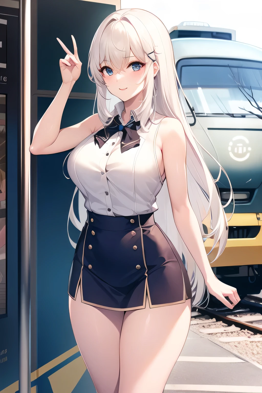  white and blue uniform,Can you draw blondes，nice smiles，Can you draw a woman staring at a train，Please draw a picture of a woman waiting in front of a car，東京の地下鉄ホームでwaiting for the train女性は描けますか， ,congestion,waiting for the train，fun，Underground railway stations ，The sign hanging on the wall，{{X}},describe her expression in more detail，walking alone，             city tour             ,，（（（I'm wearing casual clothes inspired by a tourist）））， I have a SLR camera  ,（Let's draw a more delicate look），（sleeveless wool sweater），（ Pleated Legs，white panties），（That work is enough for one person {X} is very important for work）、 That's enough，frown。unless the job requires it。 {X}、 ,    An attractive 40-year-old woman takes off her uniform and jumps off,                             Big black wavy hair, ,   Big Breasts, Thin Waist ， ,   ，Faces are very important，Anime CG,      please     