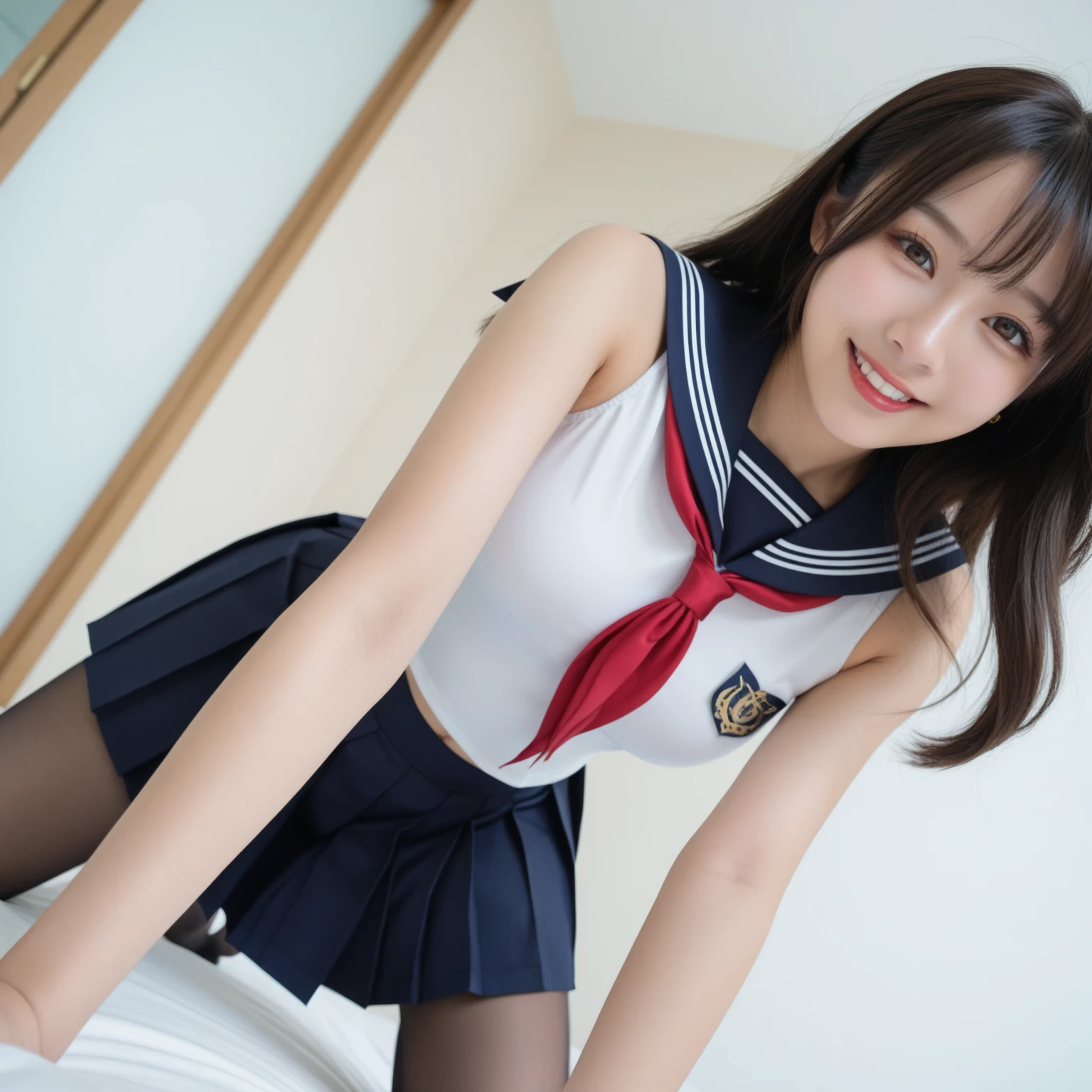 ((masterpiece)), (16K resolution),(RAW photo),(highest quality:1.5), (ultra high resolution:1.6), single lens reflex digital camera,extremely sharp focus,
(Photorealistic),Image clarification,(13 year old cute girl), baby face, Round face and small face,(nsfw:1.3),Very detailed high-level Japanese beautiful girl,highly detailed face,perfect anatomy,(Very seductive appearance),(Moist and shining eyes), squatting,
(spread legs:1.1),(open legs wide:1.1),
(up skirt:1.3),(panty lift:1.2),(show off vagina:1.4),real human skin, (Angle from the front), short skirt, Japanese high school girl uniform, sailor suit, whole body,embarrassed,looking at the viewer,(Random hairstyle :1.2),In a corner of a shopping mall,hoist one's sailor suit,(Pose with arms open asking for a hug:1.2,)Hold me,(Full view of breasts:1.1),