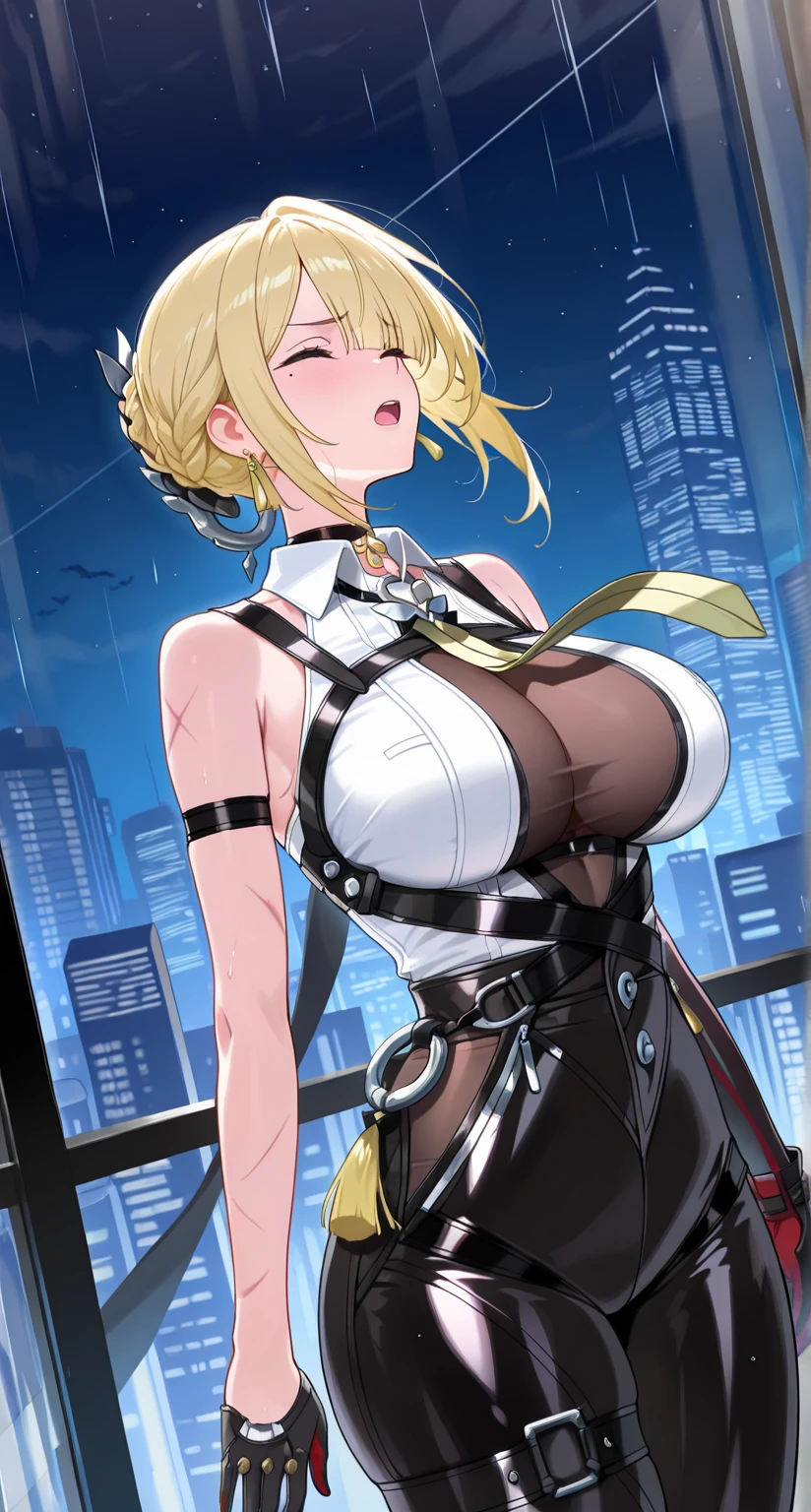 The Giantess Goddess stands beside a towering skyscraper, her golden skin glowing in the city lights. Her dark, alluring eyes scan the building's windows, a wicked smile playing on her lips. With a single step, she sends tremors through the structure, and people inside scramble to escape. Scooping up clusters of people, she caresses them before pressing them against her immense form, their struggles fueling her dark pleasure.