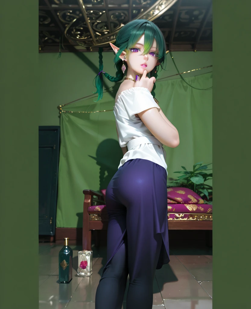 Very detailed CG, 1 girl, long purple hair, blue eyes, red face, slightly open lips, wet body, full and symmetrical breasts, raised buttocks, white tight hip skirt (black and green lines on both sides of the skirt), black tunic belt, black stockings (length to upper knee), white high heels (wrapped to the ankles), various hairstyles, tattoos, chest bumps close-up, buttocks close-up, multiple angles, black sky, dark room, dim lights, dynamic angles, flowing, 8k wallpaper, masterpiece, best quality, super detailed, best lighting, best shadows