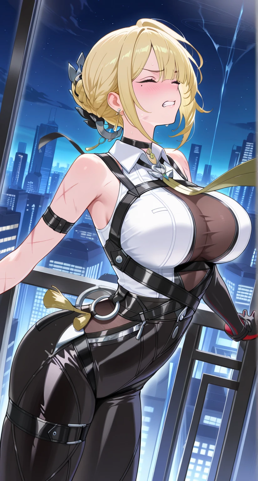 masterpiece,best quality,highres,ultra-detailed,glass cover,alternate color,score_9, score_8_up , score_7_up,dynamic angle,front shot,1girl,(evelyn chevalier),looking at viewer,1girl,large breasts,mole under eye,blonde hair,short hair,sidelocks,bun with braided base,ring hair ornament,hair ornament,black ribbon,earrings,black choker,tight clothes,white collared shirt,sleeveless shirt,see-through cleavage,ring necklace,yellow necktie,chest harness,high-waist black pants,harness,o-ring,tassel,zipper,arm strap,thigh strap,single glove,single elbow glove,black gloves,dynamic pose,standing,open legs,city,night,clenched teeth,closed eyes,furrowed brow,face covered in scars,body covered in scars,clothes covered in scars,damaged clothes,upper body,arms on sides,spread arms,arched back,looking up