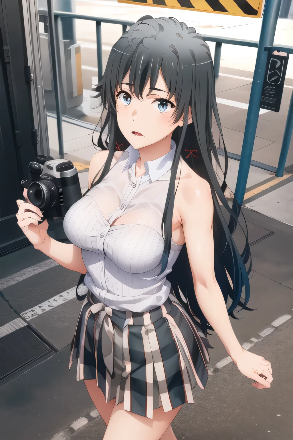 nice smilesの20歳の成人女性,Please draw long black hair,Big Breastsでもウエストが細い,nice smiles,Can you draw a woman looking at a train,draw a woman waiting in front of the car in front of you,東京の地下鉄ホームでwaiting for the train女性は描けますか, ,congestion,waiting for the train,fun,Underground railway stations ,The sign hanging on the wall,{{X}},Please describe her expression more delicately,walking alone, city tour ,,(((wears casual tourist-inspired attire))), I have a SLR camera ,(Let's draw a more delicate look),(sleeveless wool sweater),( Pleated Legs,white panties),(That work is enough for one person {X} is very important for work)、 That's enough,frown。unless the job requires it。 {X}、 , An attractive 40-year-old woman takes off her uniform、jump off, Big black wavy hair, , Big Breasts, Thin Waist , , ,Faces are very important,
