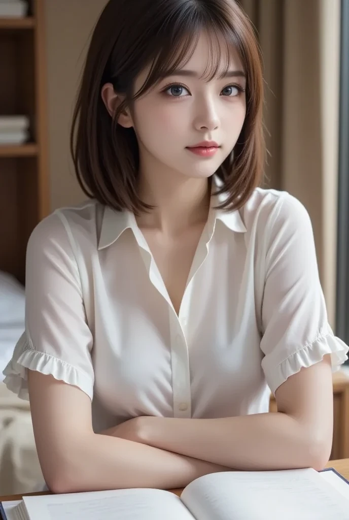 Japanese idol, 19 years old, Natural make up, (detailed skin:1.2), 8k,best quality, masterpiece, ultra high res, (photorealistic:1.4), RAW photo, brown hair, medium hair, asymmetrical hair, asymmetrical bangs, (collared white shirt, slit tight skir:1.2),