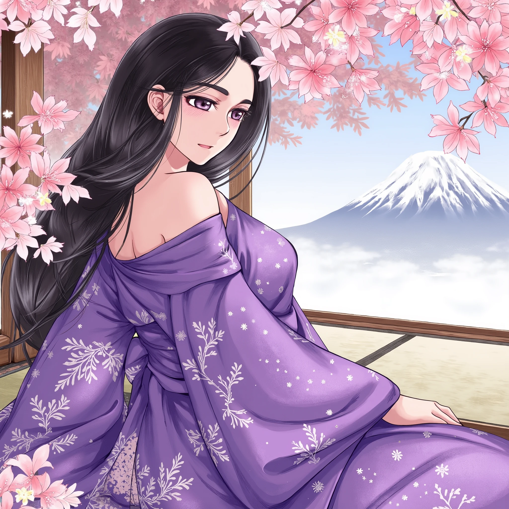 Illustrations、anime、Beautiful girl sitting、Purple Kimono、Japanese Women、Japanese-style room、loose、Mt. Fuji、cherry blossoms、