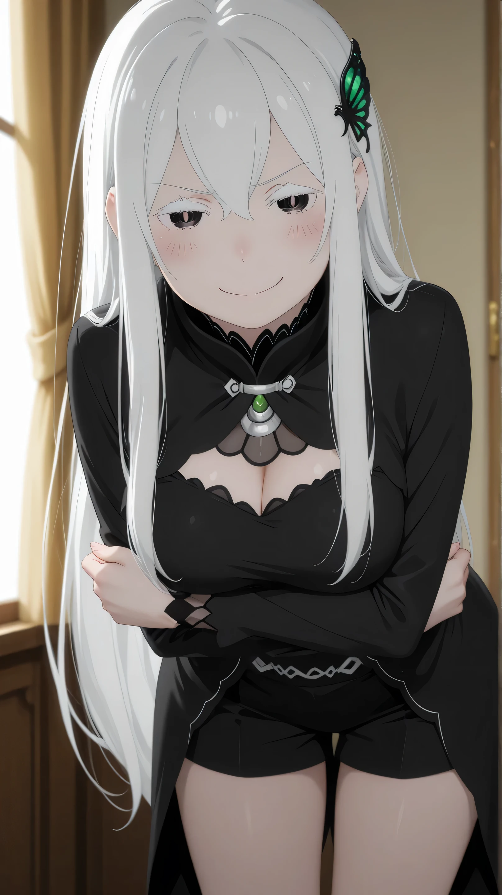 echidna, rezero, smug face, blush, full clothes, leaning forward, both arms under her chest, dramatic lighting