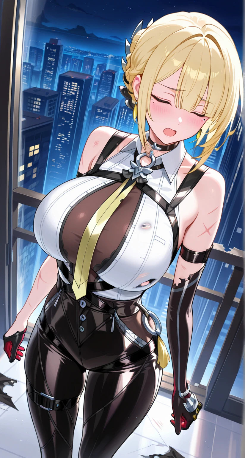 masterpiece,best quality,highres,ultra-detailed,glass cover,alternate color,score_9, score_8_up , score_7_up,dynamic angle,front shot,1girl,(evelyn chevalier),looking at viewer,1girl,large breasts,mole under eye,blonde hair,short hair,sidelocks,bun with braided base,ring hair ornament,hair ornament,black ribbon,earrings,black choker,tight clothes,white collared shirt,sleeveless shirt,see-through cleavage,ring necklace,yellow necktie,chest harness,high-waist black pants,harness,o-ring,tassel,zipper,arm strap,thigh strap,single glove,single elbow glove,black gloves,dynamic pose,standing,open legs,city,night,open mouth,closed eyes,furrowed brow,face covered in scars,body covered in scars,clothes covered in scars,damaged clothes,upper body,arms on sides,arched back