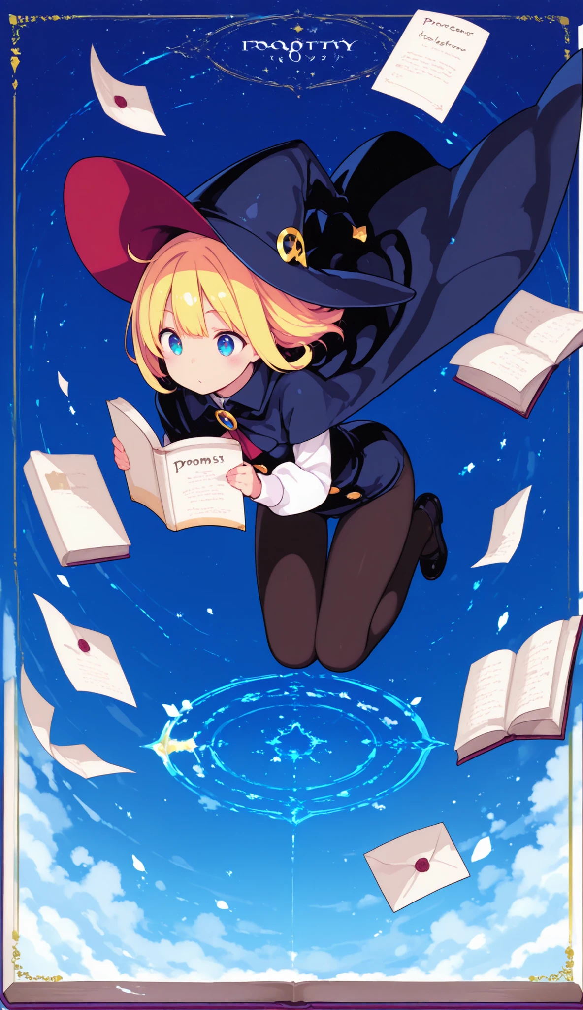 Poetry Book Layout, books flying, Poems in letters flying around the girl, Book Wizard, full body
