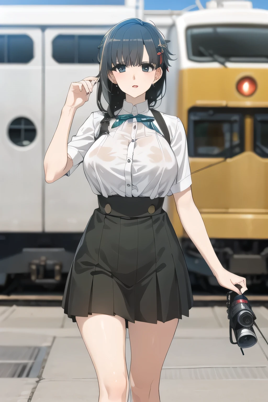Big BreastsをさらにBig Breastsに描いて下さい,sleeveless at the beach, wet 、beautiful and neat face，nice smiles，Can you draw a woman looking at a train，depicts a woman waiting in front of the car in front of her，東京の地下鉄ホームでwaiting for the train女性は描けますか， ,congestion,waiting for the train，fun，Underground railway stations ，The sign hanging on the wall，{{X}},Please describe her expression in more detail，walking alone，          city tour          ,，（（（I'm wearing casual clothes inspired by a tourist）））， I have a SLR camera  ,（Let's draw a more delicate look），（sleeveless at the beachのウールセーター），（ Pleated Legs，white panties），（That work is enough for one person {X} is very important for work）、 That's enough，frown。unless the job requires it。 {X}、 ,    An attractive 40-year-old woman takes off her uniform and jumps off,                          Big black wavy hair, ,   Big Breasts, Thin Waist ， ,   ，Faces are very important，