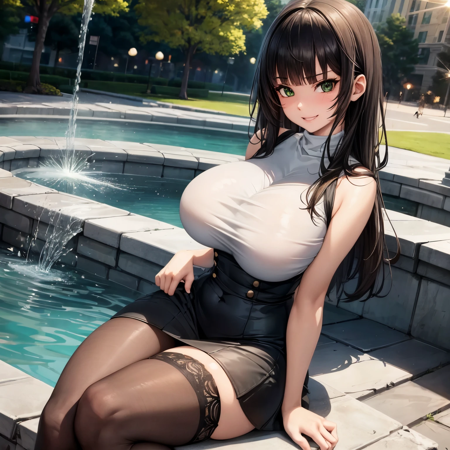 1girl, realistic, tight white shirt, extremly detailed, smooth skin, short black skirt, extremly tight clothes, bulging, looking at camera, red faced, flirty, manic smile, big eyes, cute face, wavy black hair, green eyes, thin waist, big , gigantic hips, extremly thick thighs, shirt almost ripping, tight sleeveless turtleneck, short skirt, symmetrical eyes, beautiful eyes, realistic eyes, highly detailed eyes, in a park sitting on a water fountain